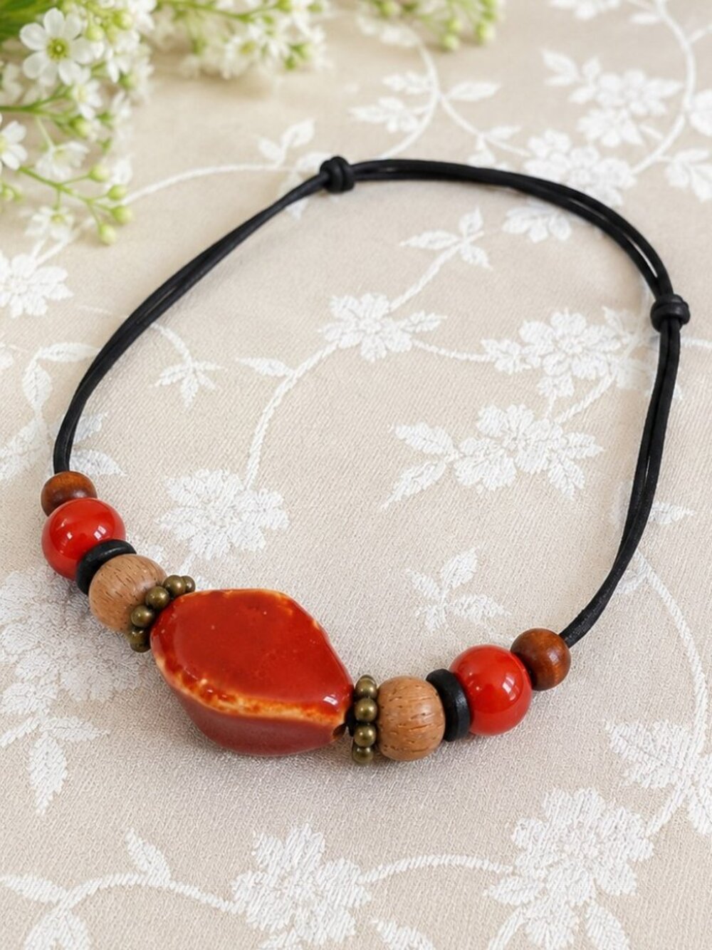 Handcrafted, One-of-a-kind, Japanese clay and wood beads Necklace